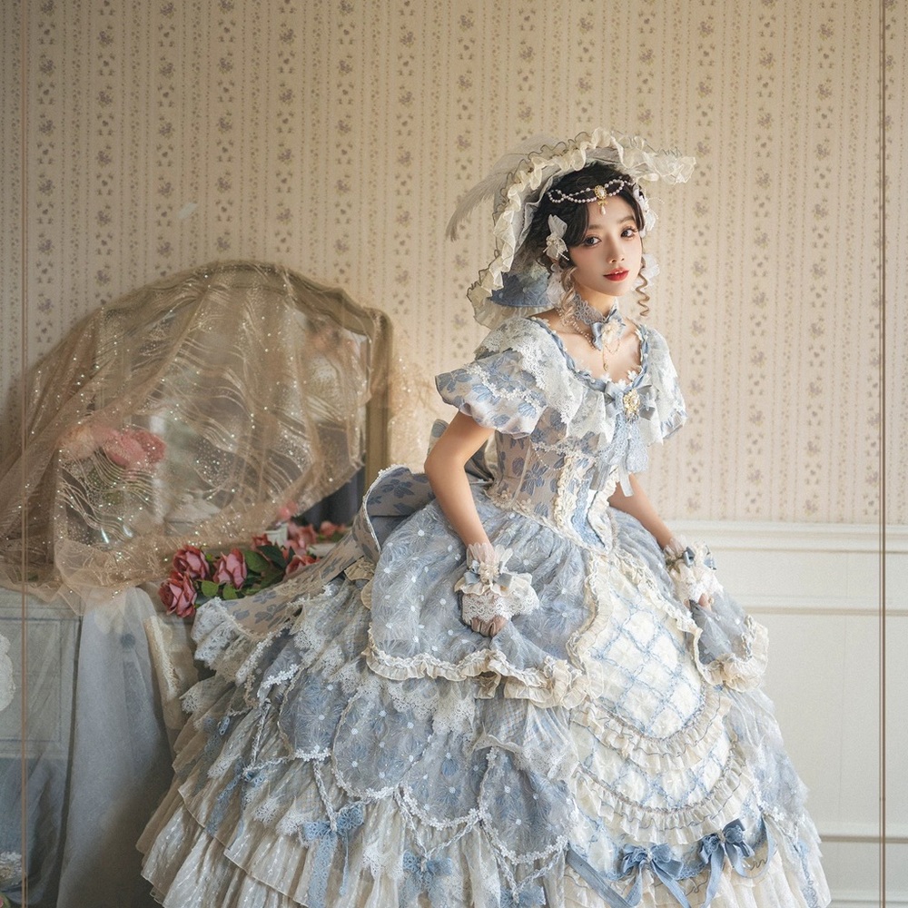 Elegant Blue and White Victorian Dress